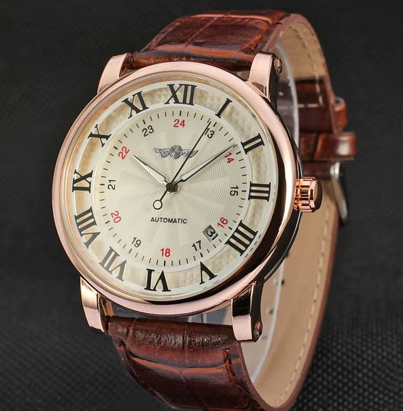 Relogio Relojes 2024 New Fashion Rose Gold Watches Day Date Automatic Self Wind Leather Strap Men'S Watches Mechanical Watches