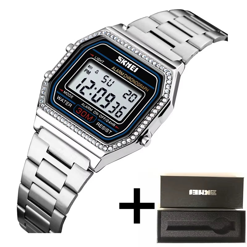 Female Watch Fashion Rhinestone Dial Waterproof Led Chronograph Women'S Digital Wristwatch Alarm Clock Relogio Feminino
