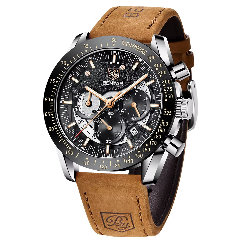 Benyar Semi-Skeleton Multifunction Brazilian Watches Men Chronograph Creative Quartz Sport Wristwatch Gifts Relogio Masculino