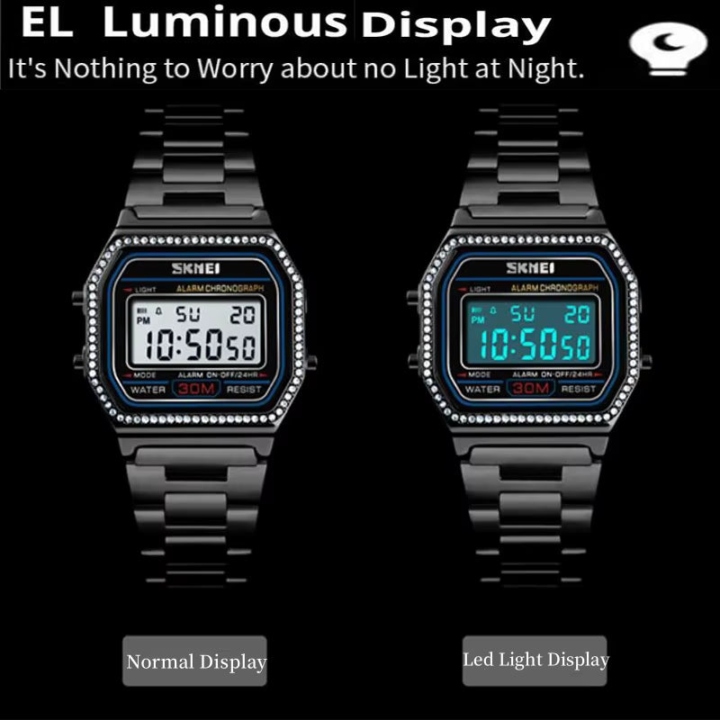 Female Watch Fashion Rhinestone Dial Waterproof Led Chronograph Women'S Digital Wristwatch Alarm Clock Relogio Feminino