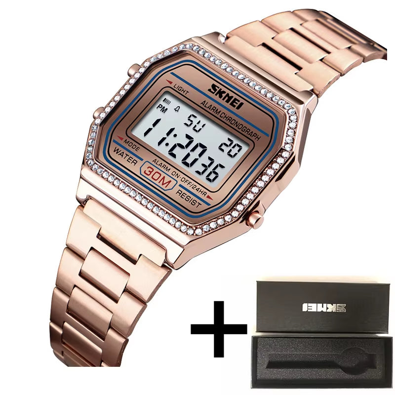 Female Watch Fashion Rhinestone Dial Waterproof Led Chronograph Women'S Digital Wristwatch Alarm Clock Relogio Feminino