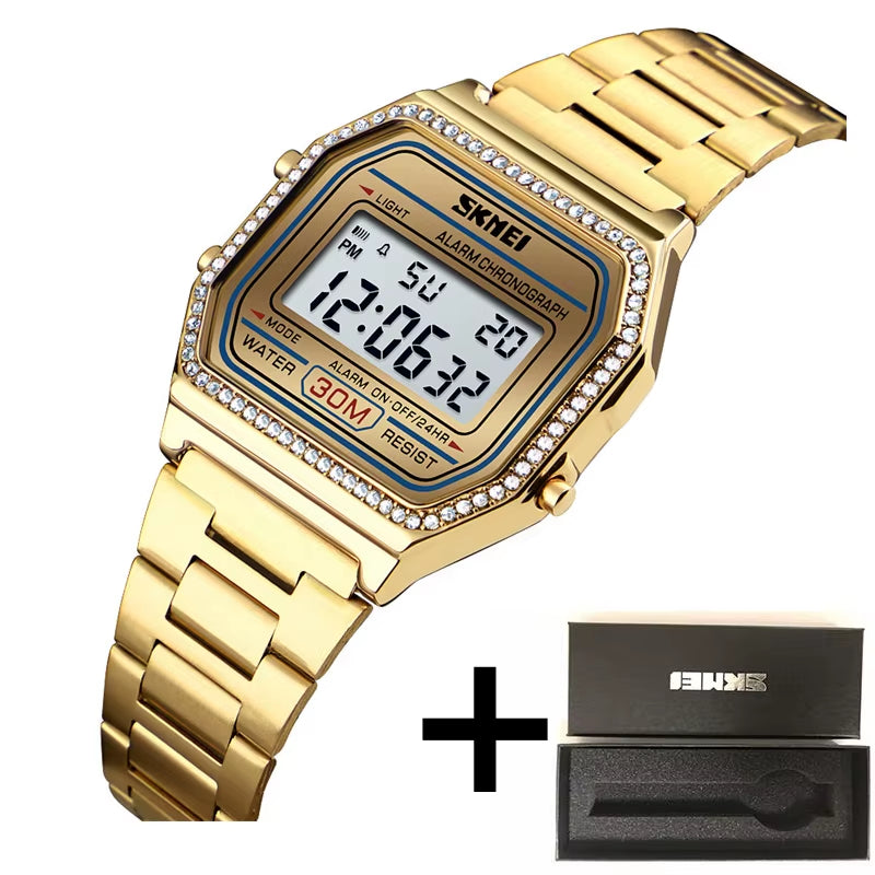 Female Watch Fashion Rhinestone Dial Waterproof Led Chronograph Women'S Digital Wristwatch Alarm Clock Relogio Feminino