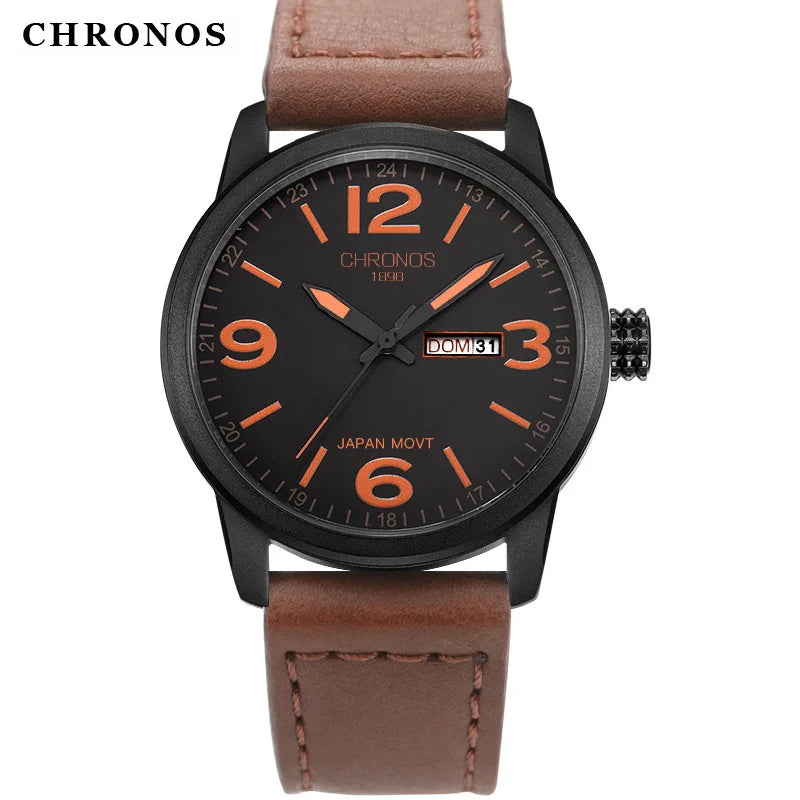 CHRONOS Top Brand Luxury Watch JAPAN MOVT Men'S Watch Men Watch Date Week Leather Clock Saat Relogio Masculino Zegarek Meski