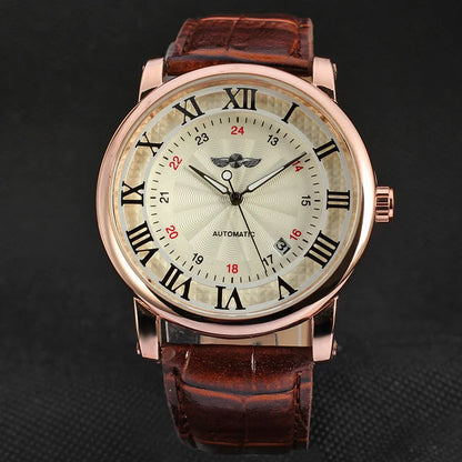 Relogio Relojes 2024 New Fashion Rose Gold Watches Day Date Automatic Self Wind Leather Strap Men'S Watches Mechanical Watches