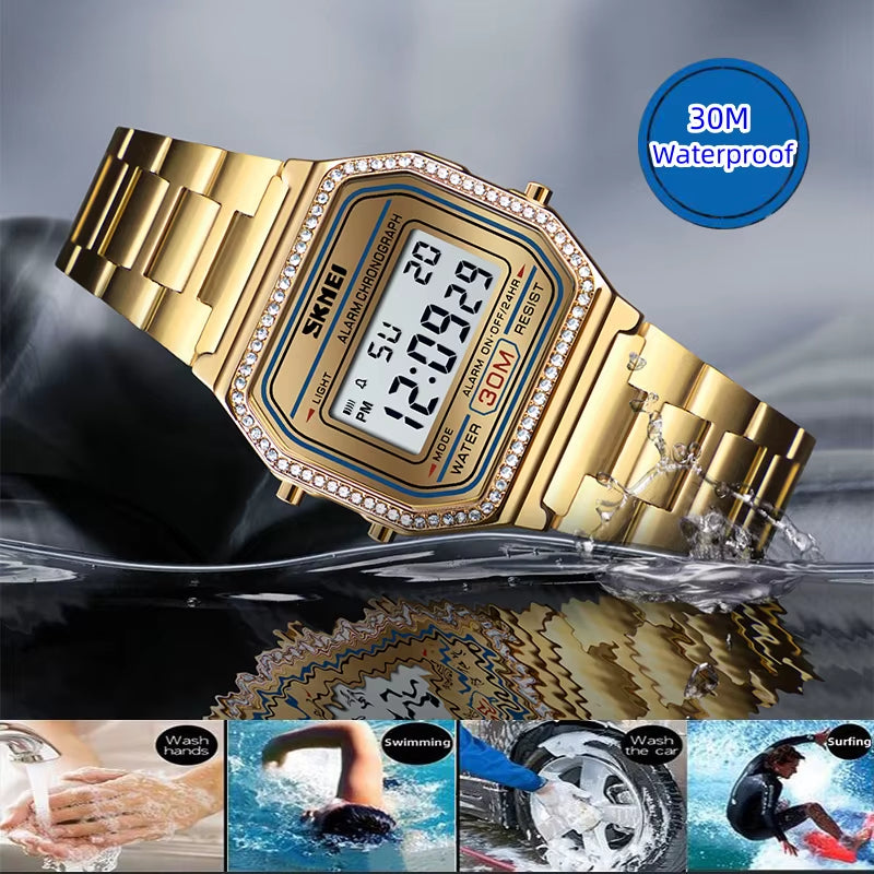 Female Watch Fashion Rhinestone Dial Waterproof Led Chronograph Women'S Digital Wristwatch Alarm Clock Relogio Feminino
