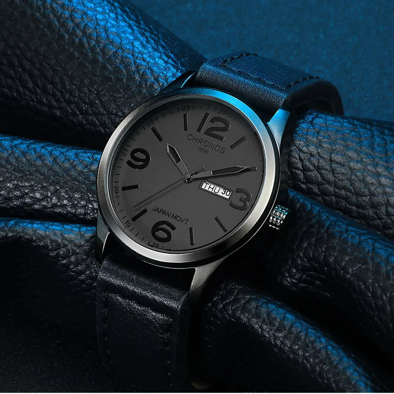 CHRONOS Top Brand Luxury Watch JAPAN MOVT Men'S Watch Men Watch Date Week Leather Clock Saat Relogio Masculino Zegarek Meski