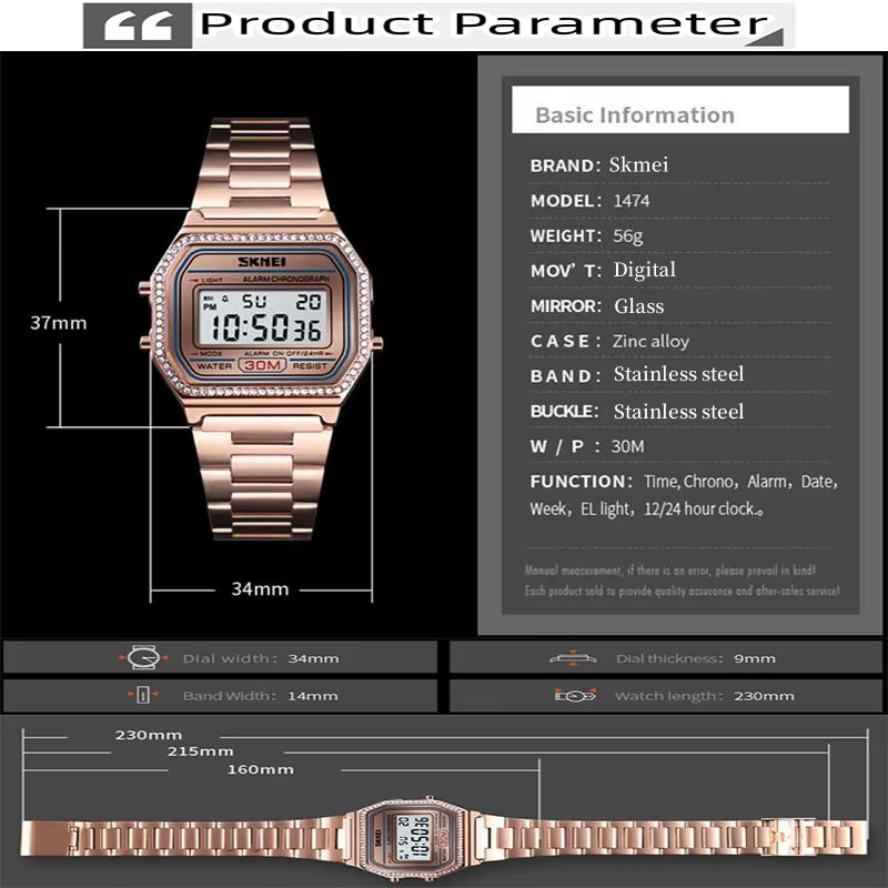 Female Watch Fashion Rhinestone Dial Waterproof Led Chronograph Women'S Digital Wristwatch Alarm Clock Relogio Feminino