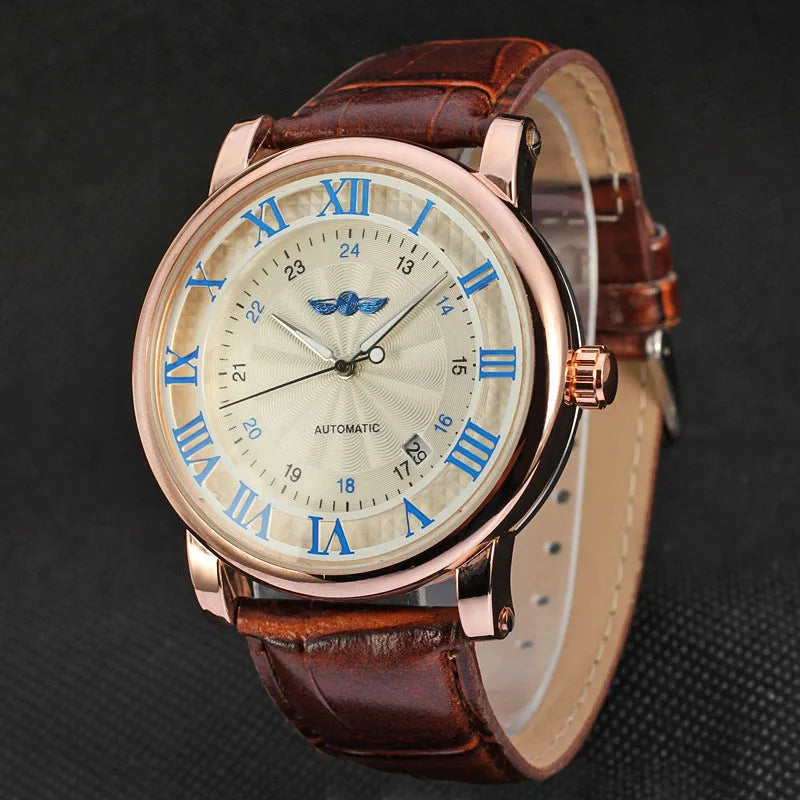 Relogio Relojes 2024 New Fashion Rose Gold Watches Day Date Automatic Self Wind Leather Strap Men'S Watches Mechanical Watches
