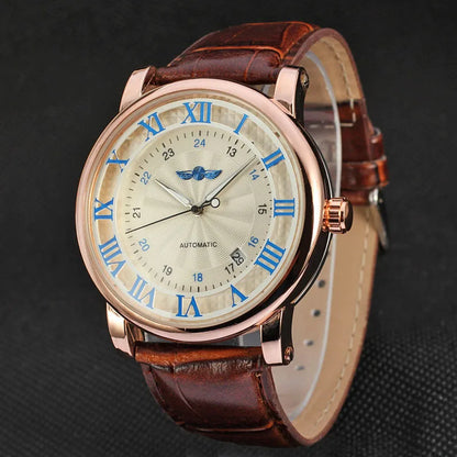 Relogio Relojes 2024 New Fashion Rose Gold Watches Day Date Automatic Self Wind Leather Strap Men'S Watches Mechanical Watches