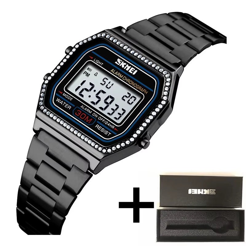 Female Watch Fashion Rhinestone Dial Waterproof Led Chronograph Women'S Digital Wristwatch Alarm Clock Relogio Feminino
