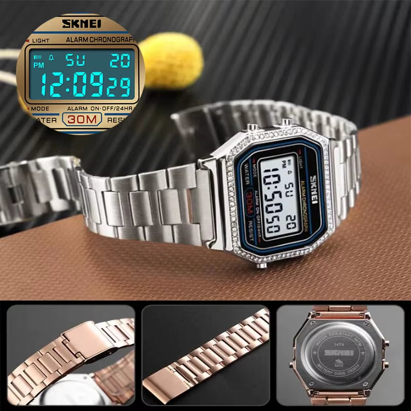 Female Watch Fashion Rhinestone Dial Waterproof Led Chronograph Women'S Digital Wristwatch Alarm Clock Relogio Feminino