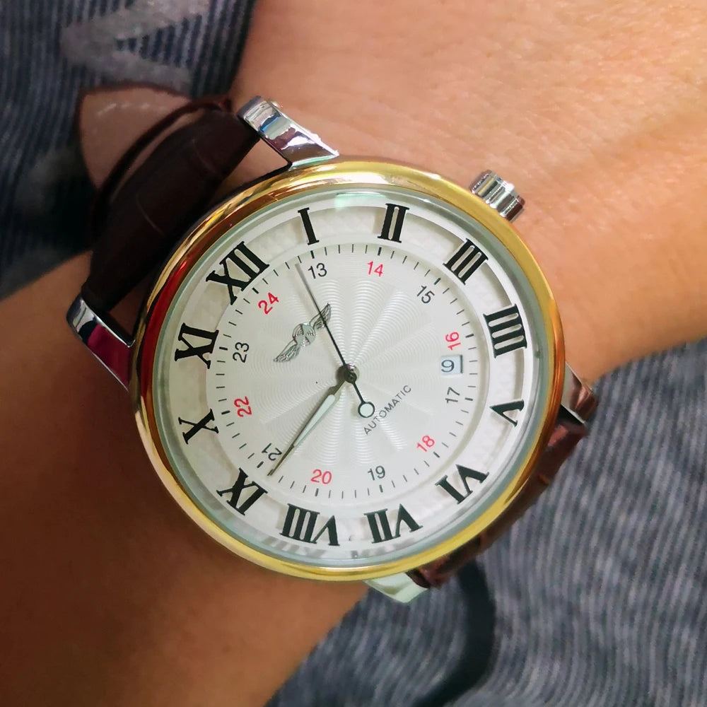 Relogio Relojes 2024 New Fashion Rose Gold Watches Day Date Automatic Self Wind Leather Strap Men'S Watches Mechanical Watches