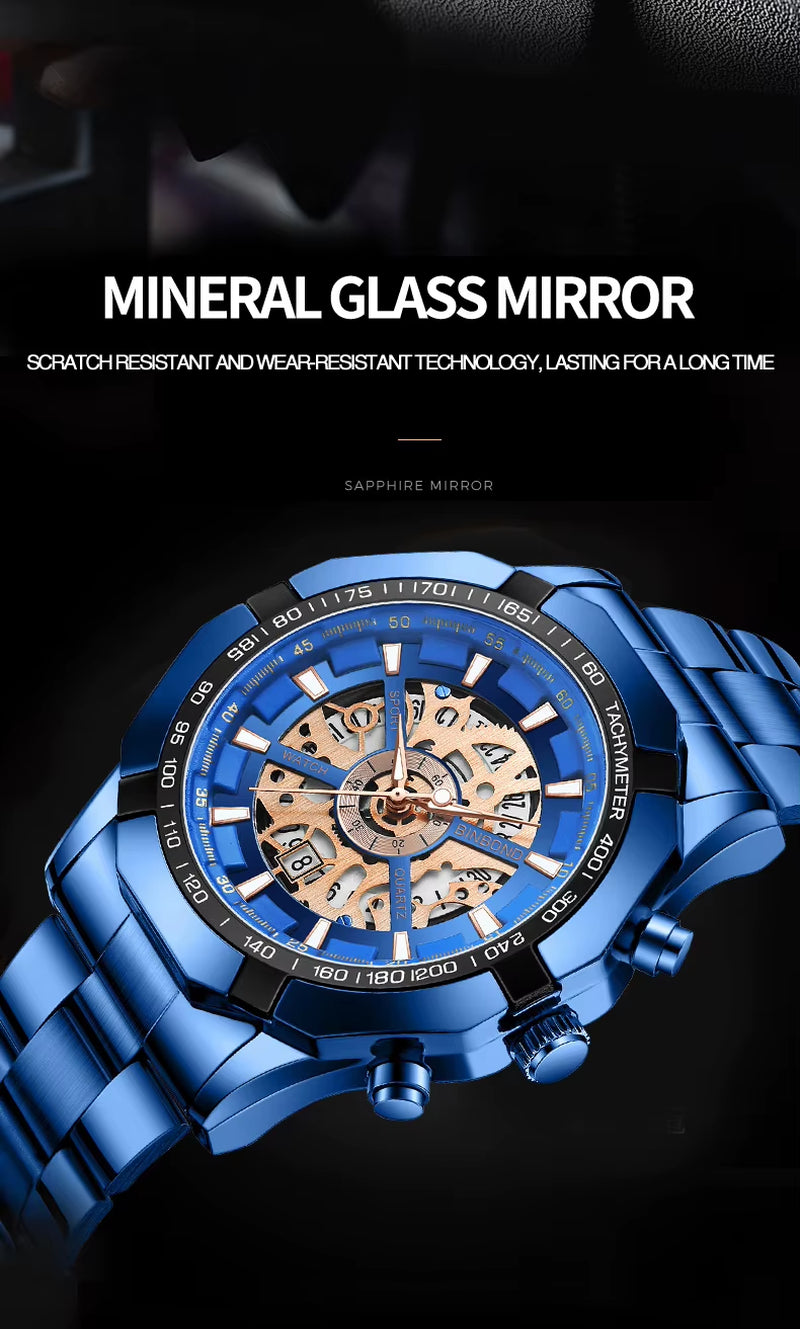 2023  Mens Watches Top Brand Luxury Stainless Steel Waterproof Hollow Out Blue Big Male Wristwatches Relogio Masculino