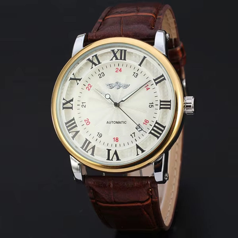Relogio Relojes 2024 New Fashion Rose Gold Watches Day Date Automatic Self Wind Leather Strap Men'S Watches Mechanical Watches