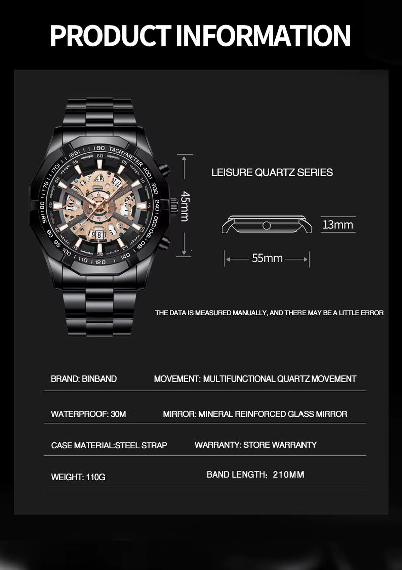 2023  Mens Watches Top Brand Luxury Stainless Steel Waterproof Hollow Out Blue Big Male Wristwatches Relogio Masculino