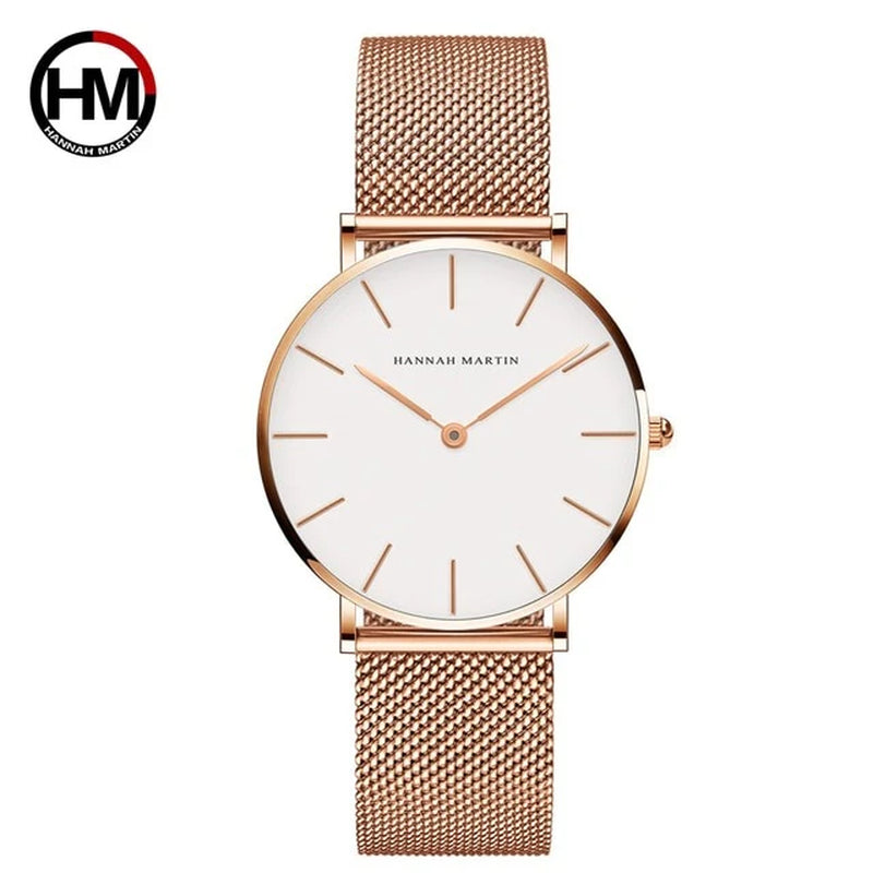 Japan Quartz Movement High Quality 36Mm Hannah Martin Women Stainless Steel Mesh Rose Gold Waterproof Ladies Watch Dropshipping