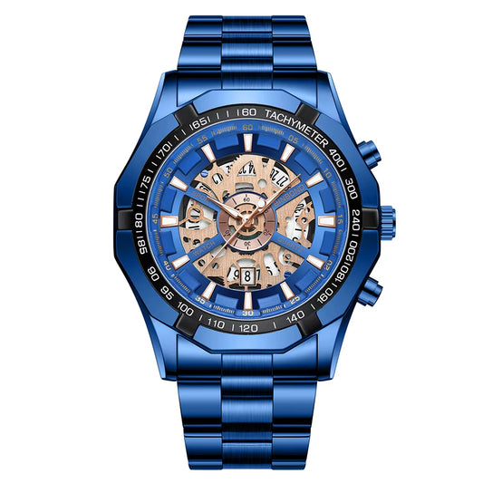 2023  Mens Watches Top Brand Luxury Stainless Steel Waterproof Hollow Out Blue Big Male Wristwatches Relogio Masculino