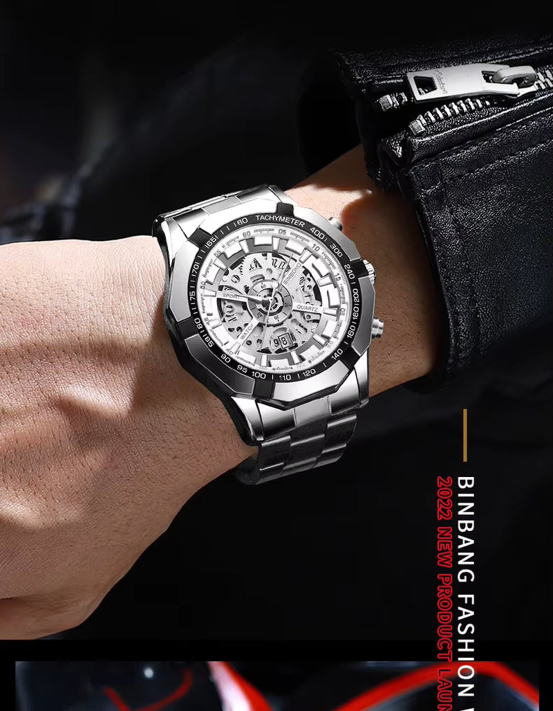 2023  Mens Watches Top Brand Luxury Stainless Steel Waterproof Hollow Out Blue Big Male Wristwatches Relogio Masculino
