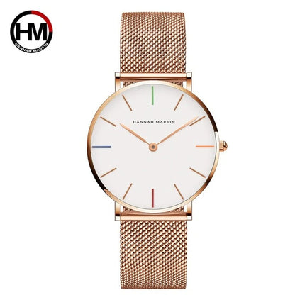 Japan Quartz Movement High Quality 36Mm Hannah Martin Women Stainless Steel Mesh Rose Gold Waterproof Ladies Watch Dropshipping
