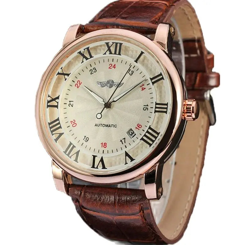 Relogio Relojes 2024 New Fashion Rose Gold Watches Day Date Automatic Self Wind Leather Strap Men'S Watches Mechanical Watches
