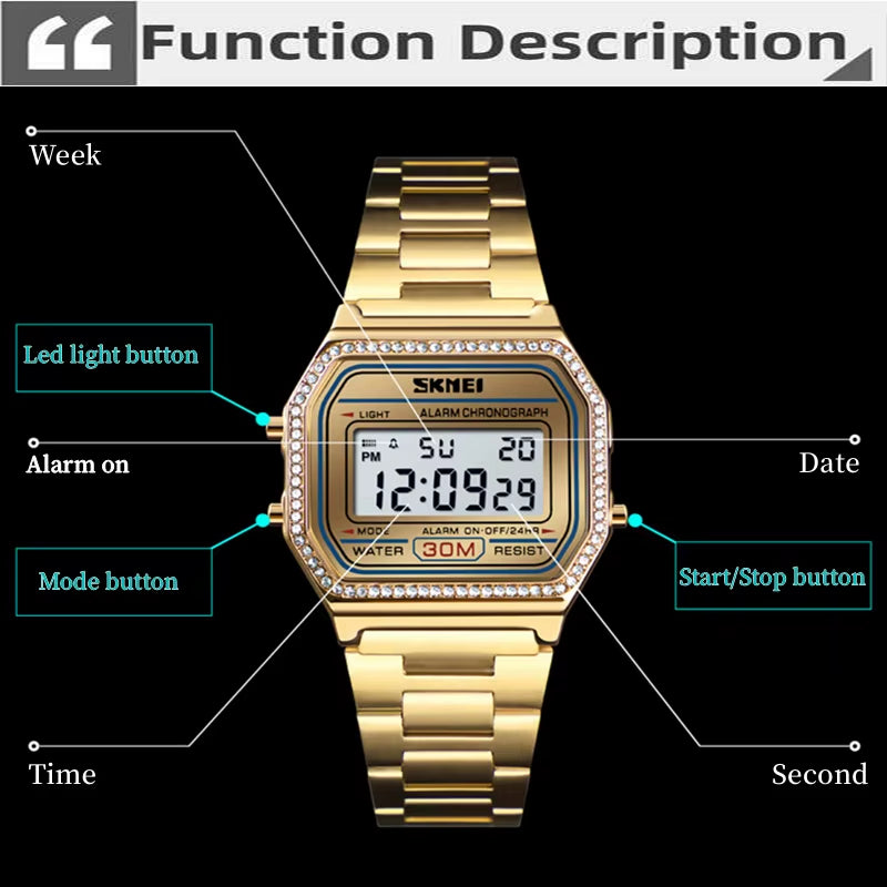 Female Watch Fashion Rhinestone Dial Waterproof Led Chronograph Women'S Digital Wristwatch Alarm Clock Relogio Feminino