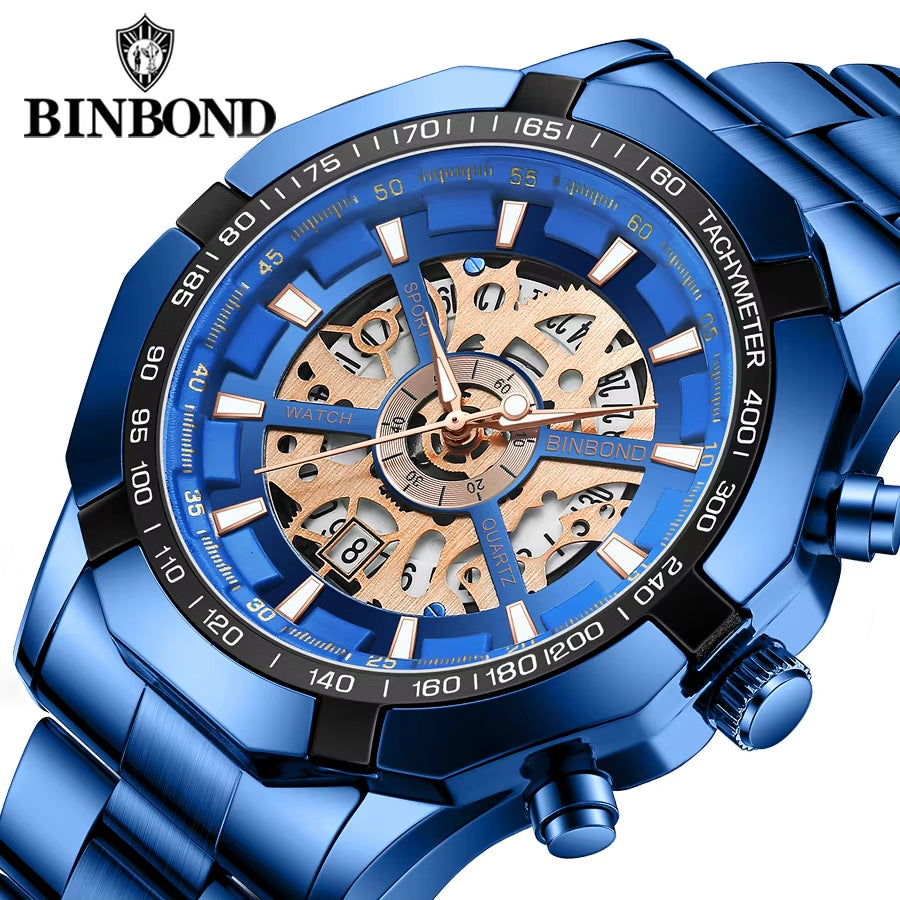 2023  Mens Watches Top Brand Luxury Stainless Steel Waterproof Hollow Out Blue Big Male Wristwatches Relogio Masculino