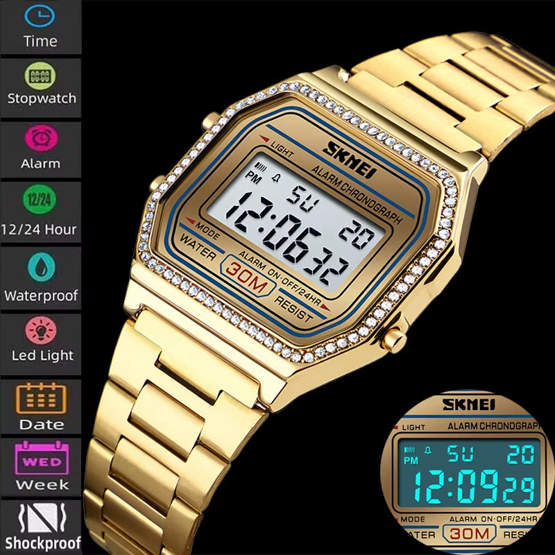 Female Watch Fashion Rhinestone Dial Waterproof Led Chronograph Women'S Digital Wristwatch Alarm Clock Relogio Feminino
