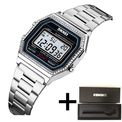 Female Watch Fashion Rhinestone Dial Waterproof Led Chronograph Women'S Digital Wristwatch Alarm Clock Relogio Feminino