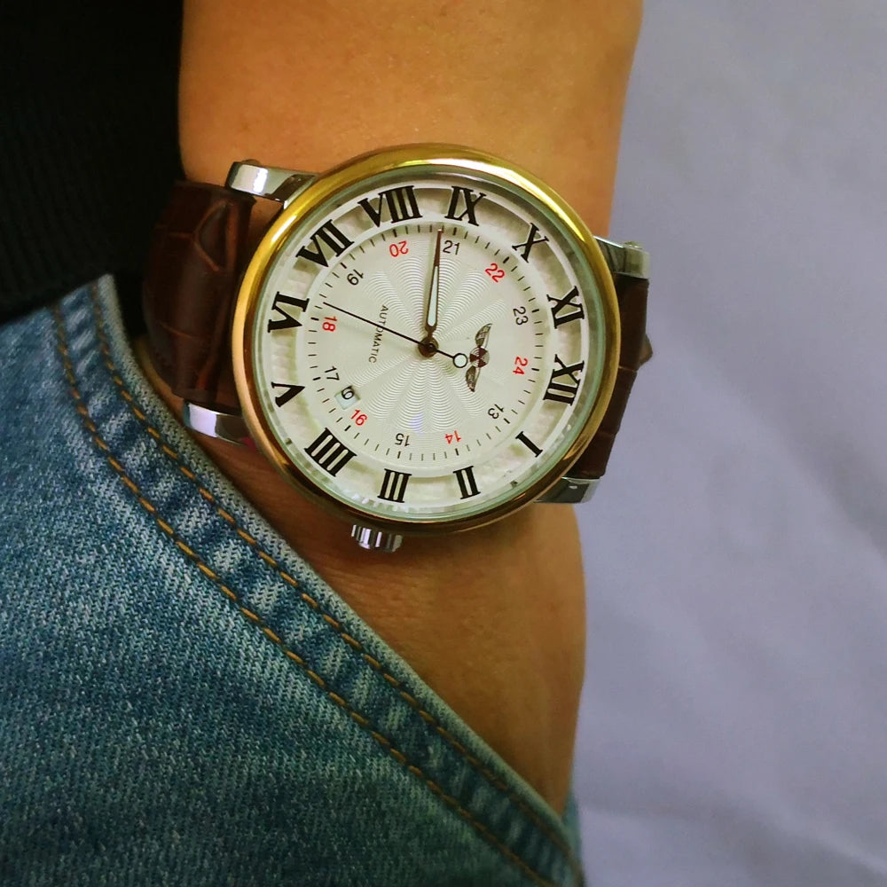 Relogio Relojes 2024 New Fashion Rose Gold Watches Day Date Automatic Self Wind Leather Strap Men'S Watches Mechanical Watches