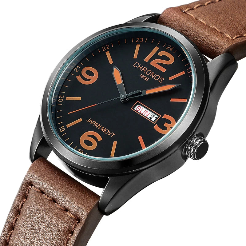 CHRONOS Top Brand Luxury Watch JAPAN MOVT Men'S Watch Men Watch Date Week Leather Clock Saat Relogio Masculino Zegarek Meski