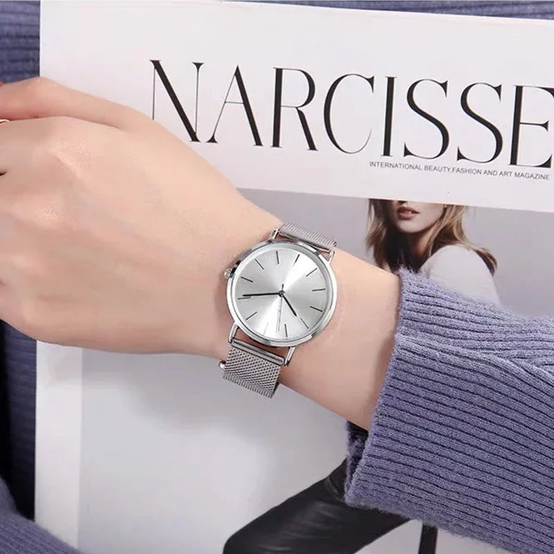 Fashion Women Watches Luxury Metal Analog Quartz Wristwatch Sliver Mesh Belt Simple Elegant Ladies Watch Relogio Feminino